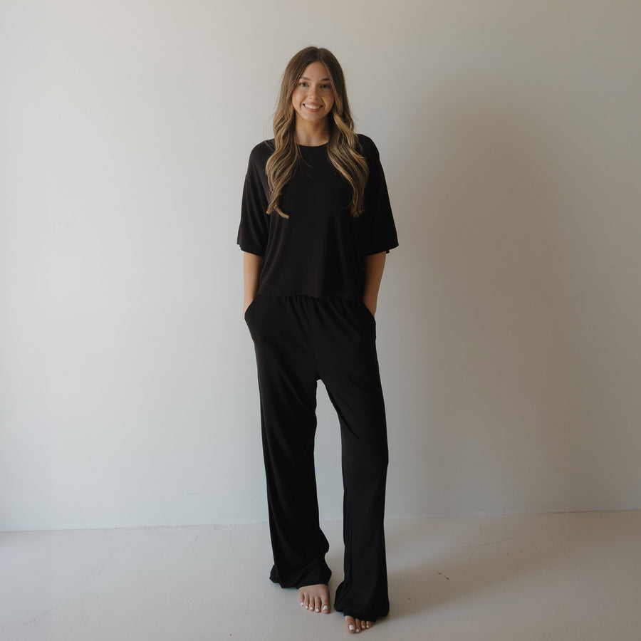 Women's Boxy Tee Lounge Set | Ribbed Black forever french baby